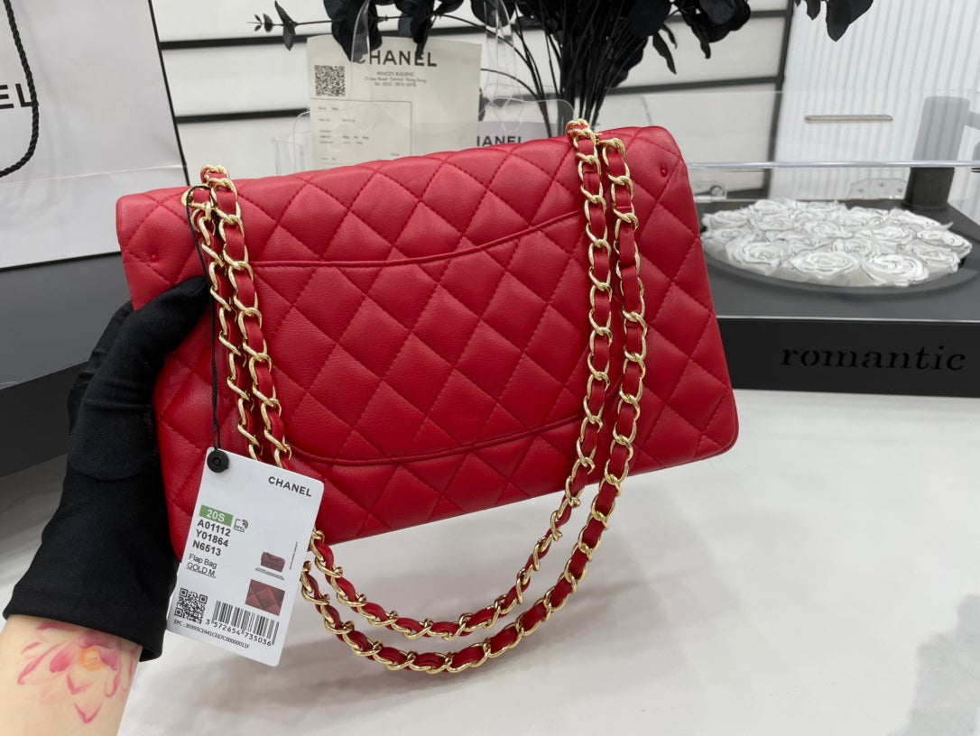 CHANEL 25 CLASSIC SMALL DOUBLE FLAP BAG IN CHERRY RED CALFSKIN WITH STRAP