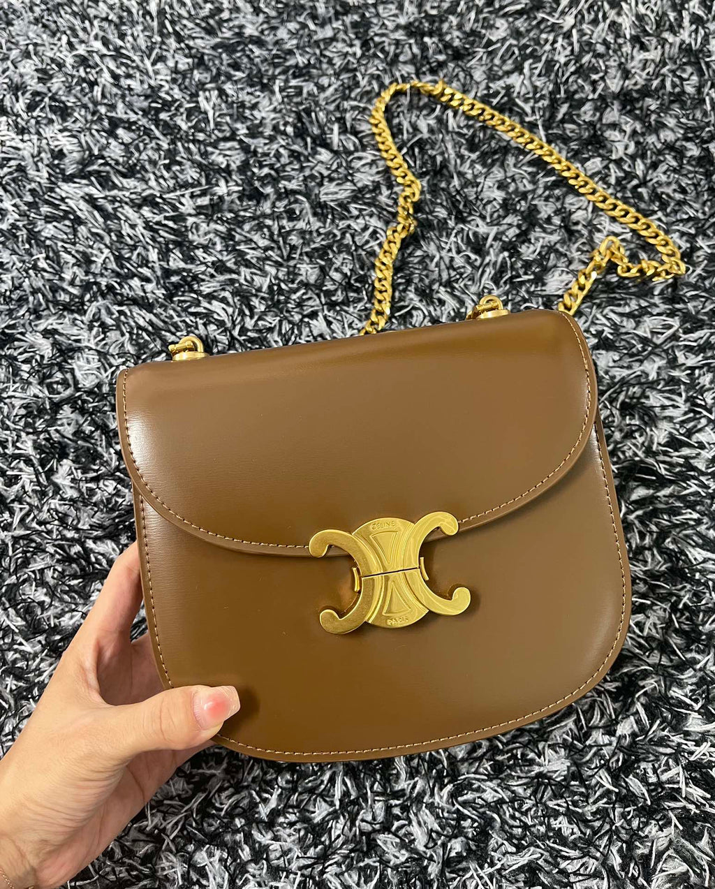 CELINE TRIPHOME 19 SADDLE BAG CARAMEL BROWN CALFSKIN