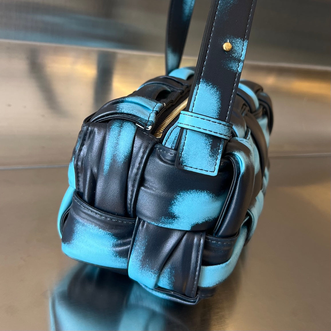 BOTTEGA VENETA SMALL BRICK CASSETTE 23 IN SKY BLUE MIX BLACK LAMBSKIN