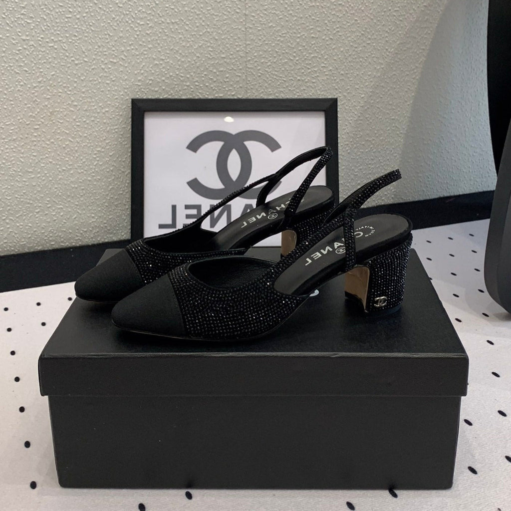 CHANEL Double  Rhinestone Slingback Sheepskin Black