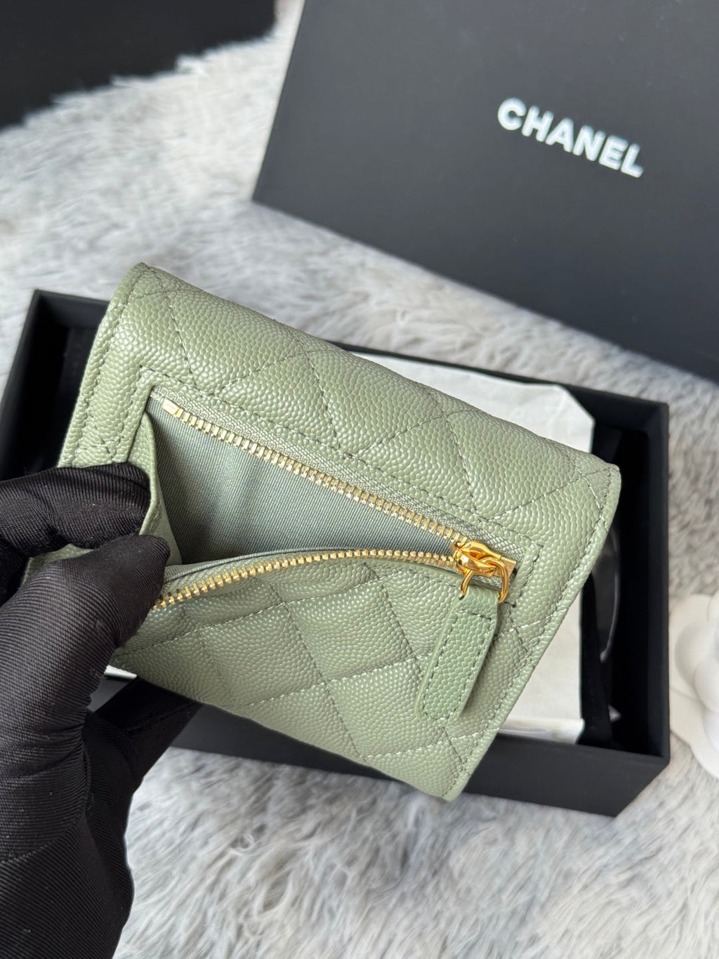 CHANEL 25S CF SMALL TRI FOLD WALLET 11 IN MOSS GREEN CAVIAR GOLD HARDWARE