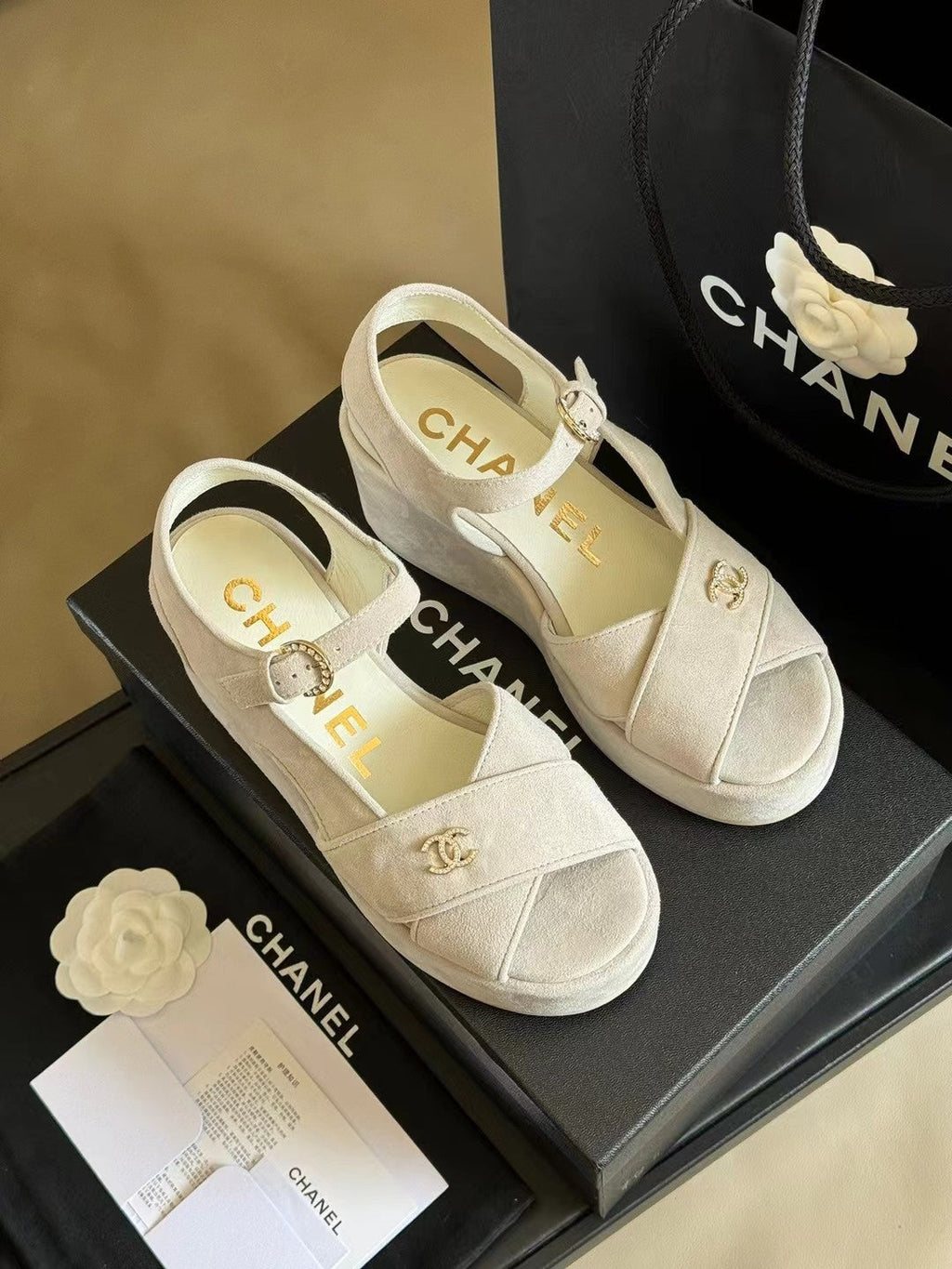 CHANEL CLASSIC WEDGE SANDALS IN WHITE LAMBSKIN SUEDE