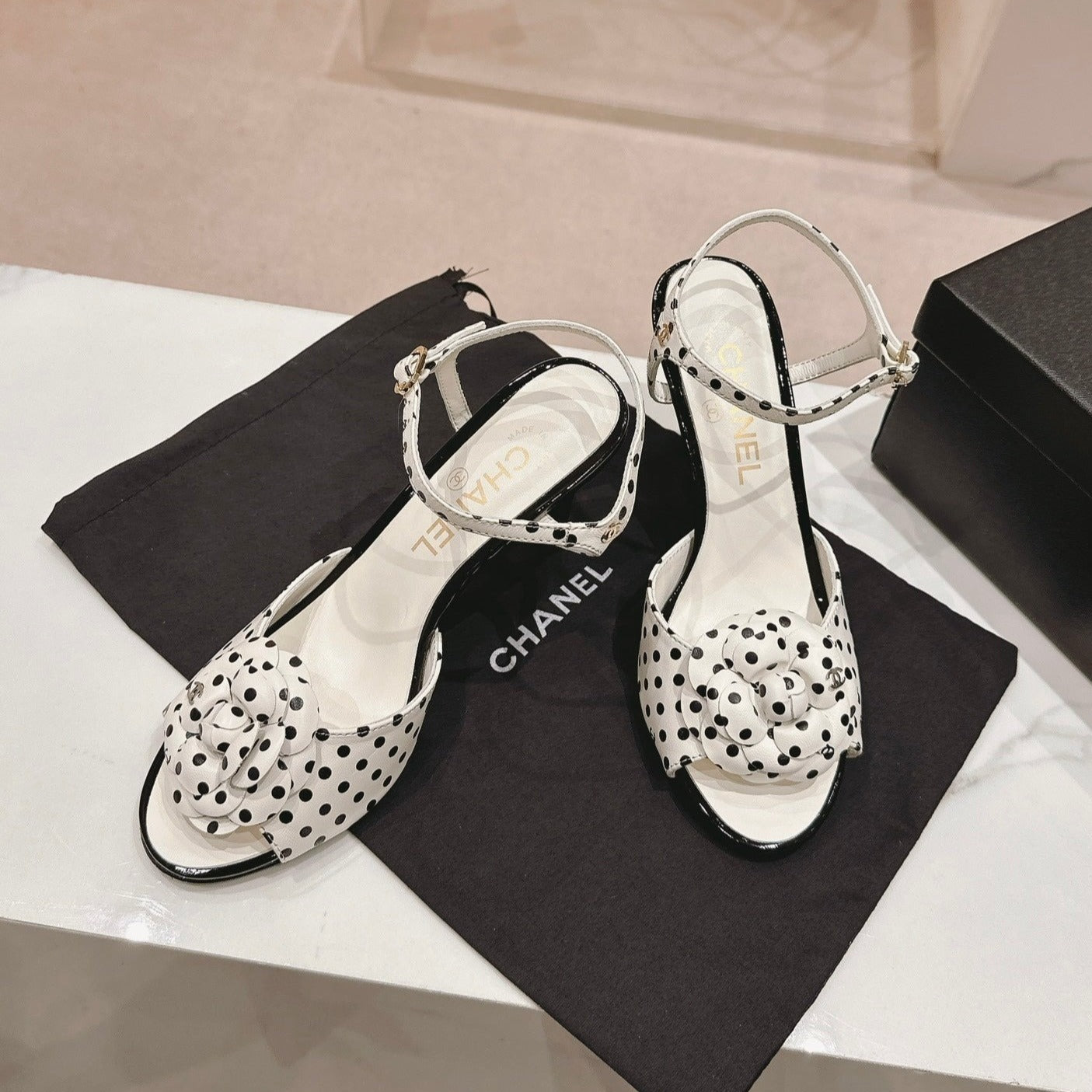 CHANEL Double C New Camellia High Heel Sandals White/ Black Caro
