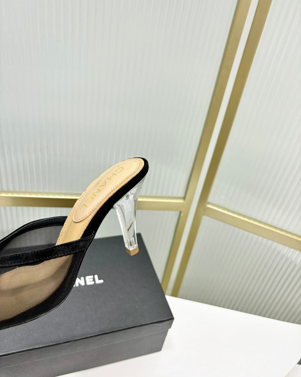 CHANEL HIGH HEEL PEEP TOE IN BLACK BREATHABLE MESH