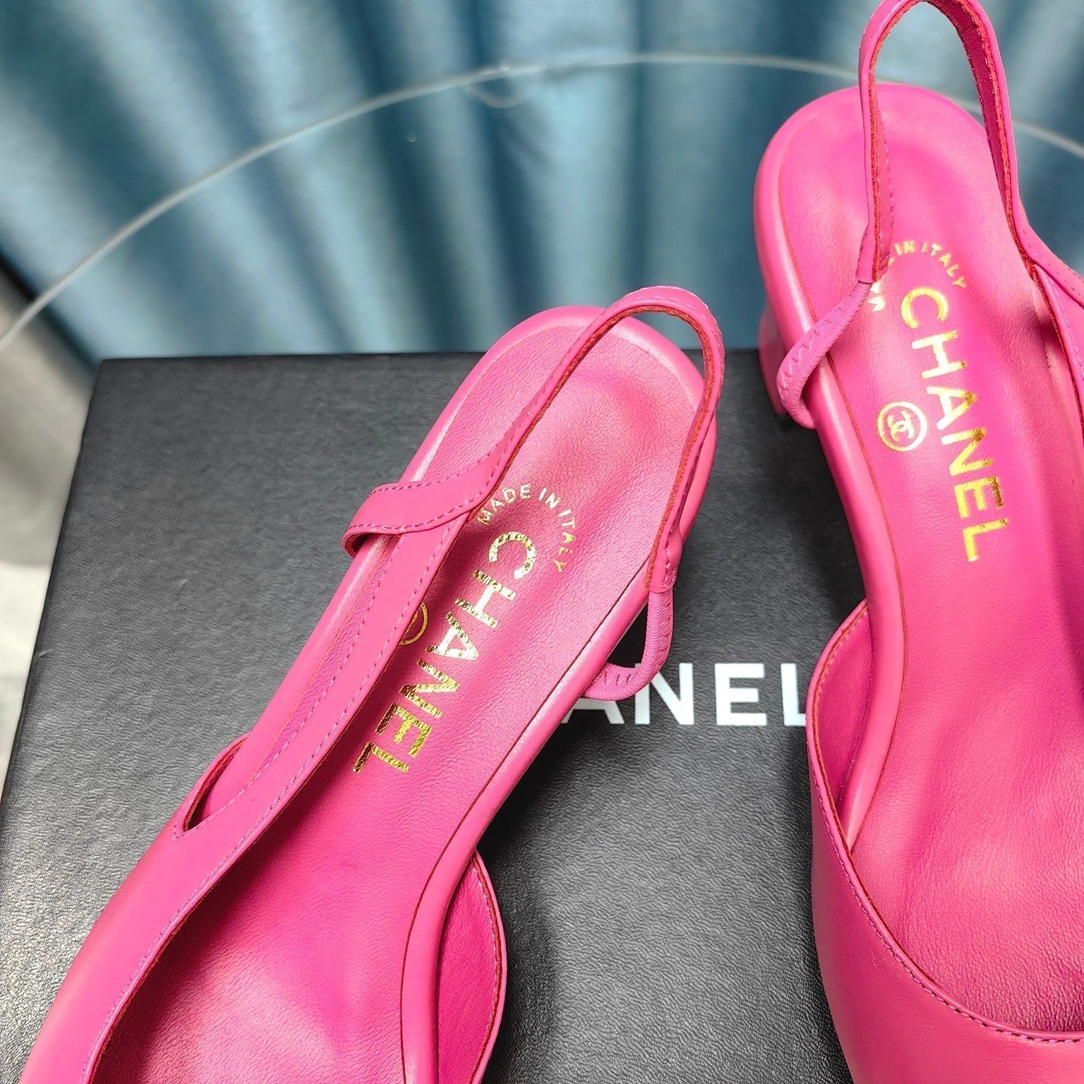 CHANEL HIGH SLINGBACKS IN BARBIE PINK MIX BLACK LAMBSKIN