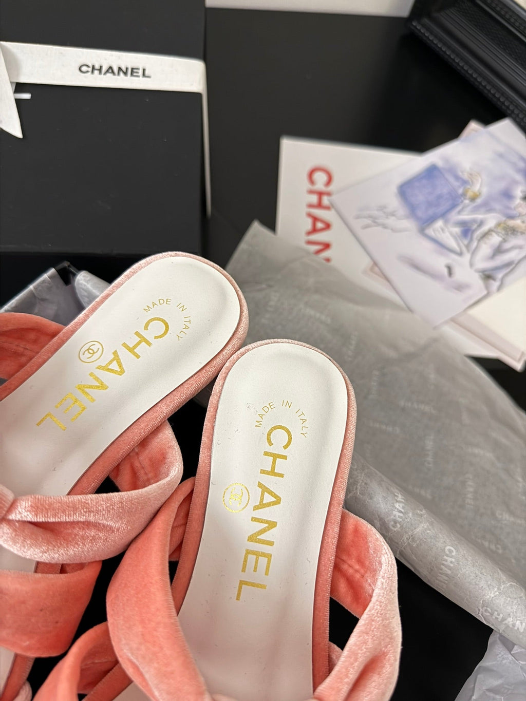 CHANEL 25C Three Strap Mule Pink Velvet fabric 233561