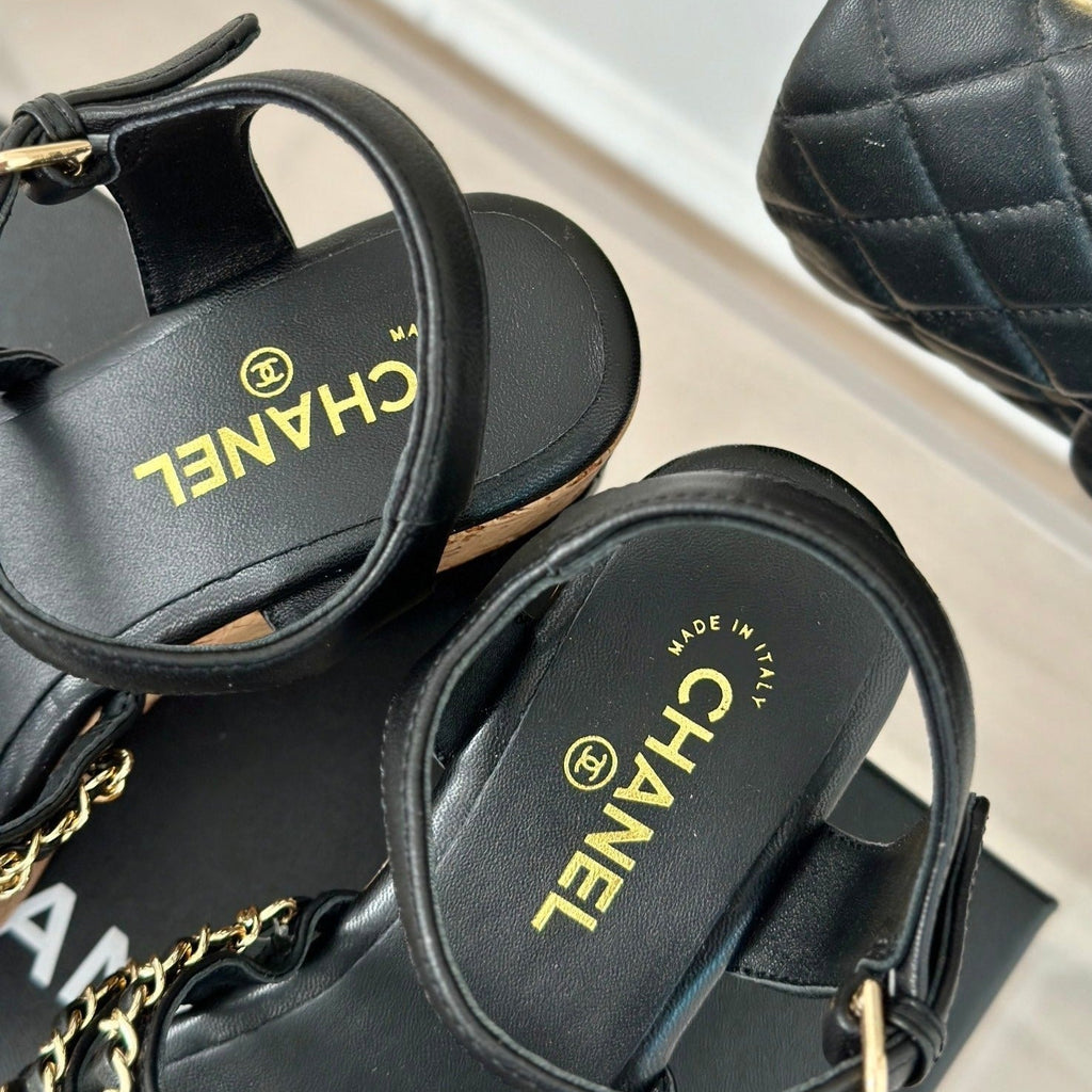 CHANEL Double C Wooden Chain Platform Block Heel Sandals Black