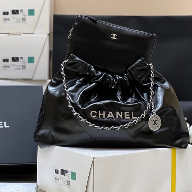 CHANEL 19 HOBO BAG 43CM BLACK GOATSKIN SILVER HARDWARE